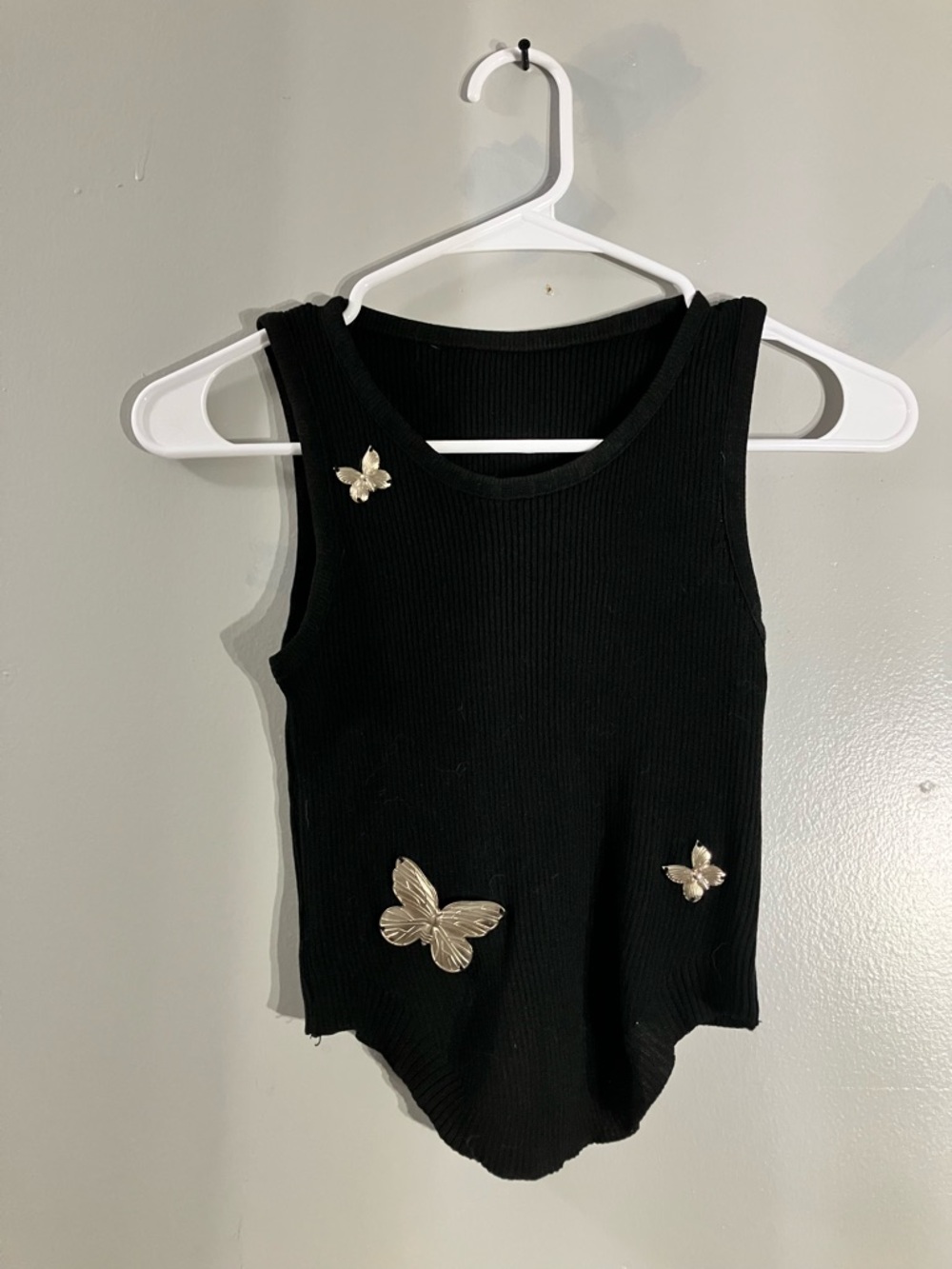 Black Ribbed Tank Top with Gold Butterfly Accents